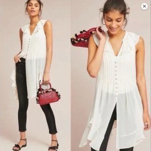Anthropologie Akemi + Kin Ivory Ruffle Sleeveless Sheer Button Front Tunic | M